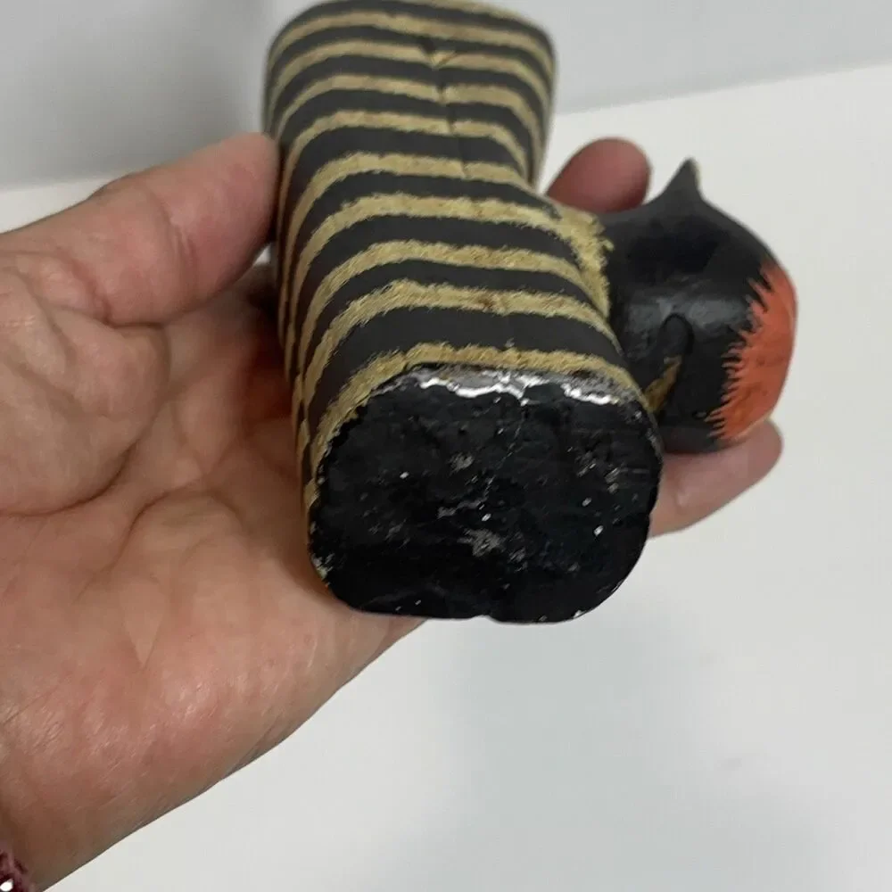 Carved Wooden Striped Cat Figurine Folk Art Hand-Painted Black Gold